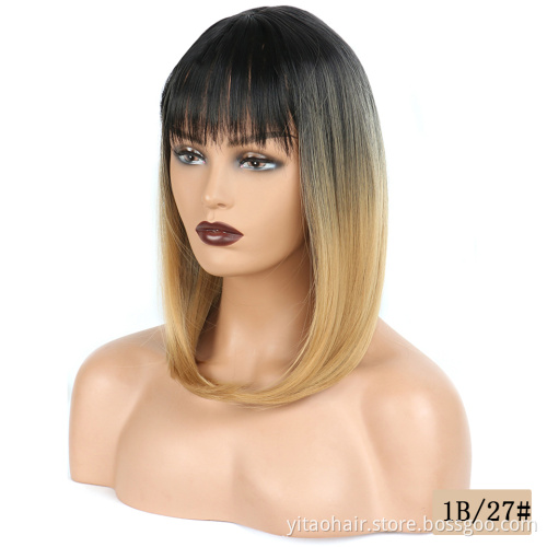 Anogol Cheap Ombre color black root Blonde Synthetic hair Bob Wigs With Bangs two tone 1B/#27 sik straight synthetic hair  wigs